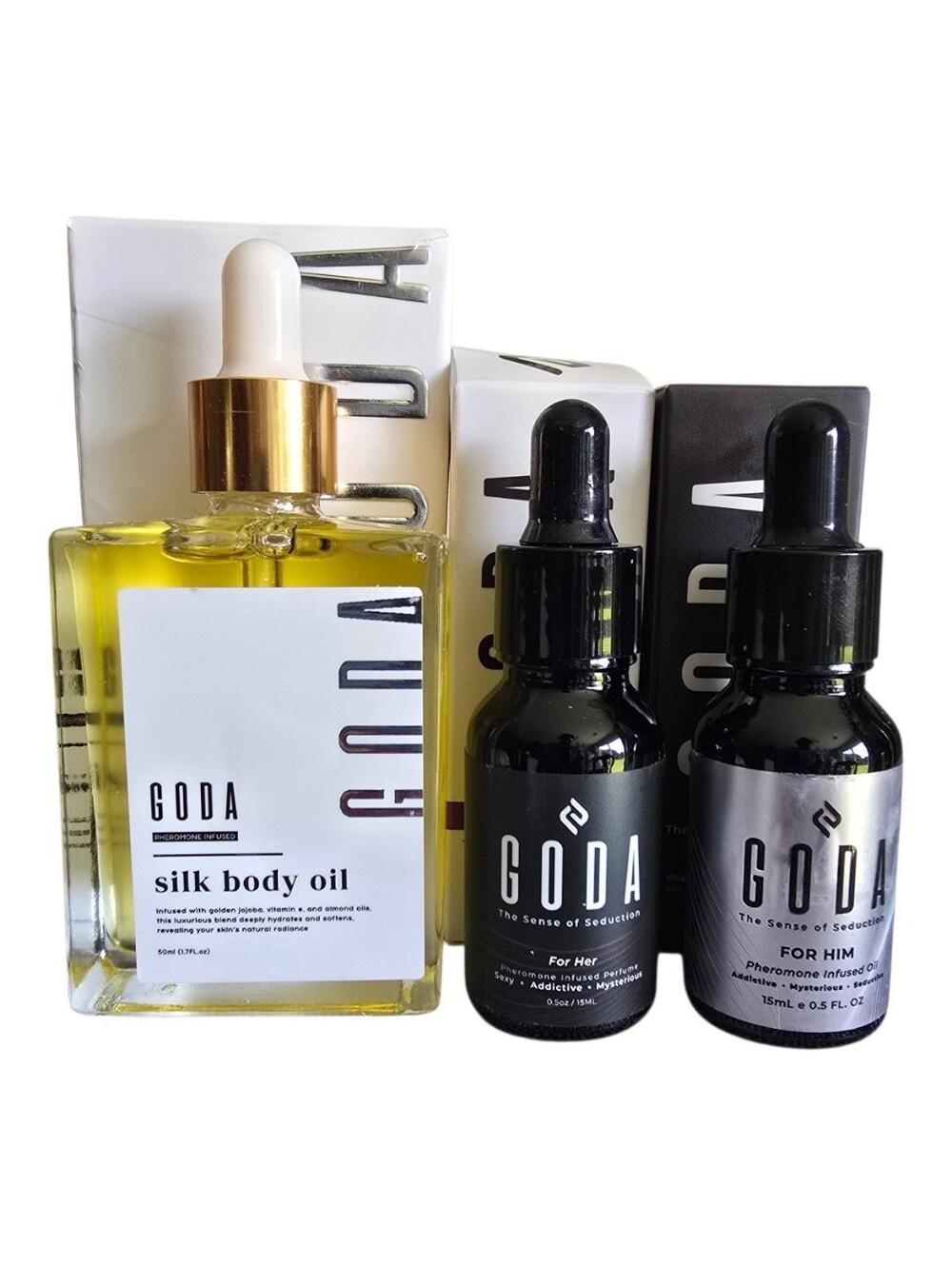 Goda Silk Body Oil, 1 For Her, 1 For Him, Pheromone 3 Bundle Set